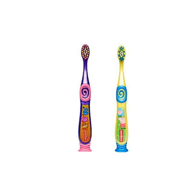 product image of kid toothbrushes that have cartoons in  the design