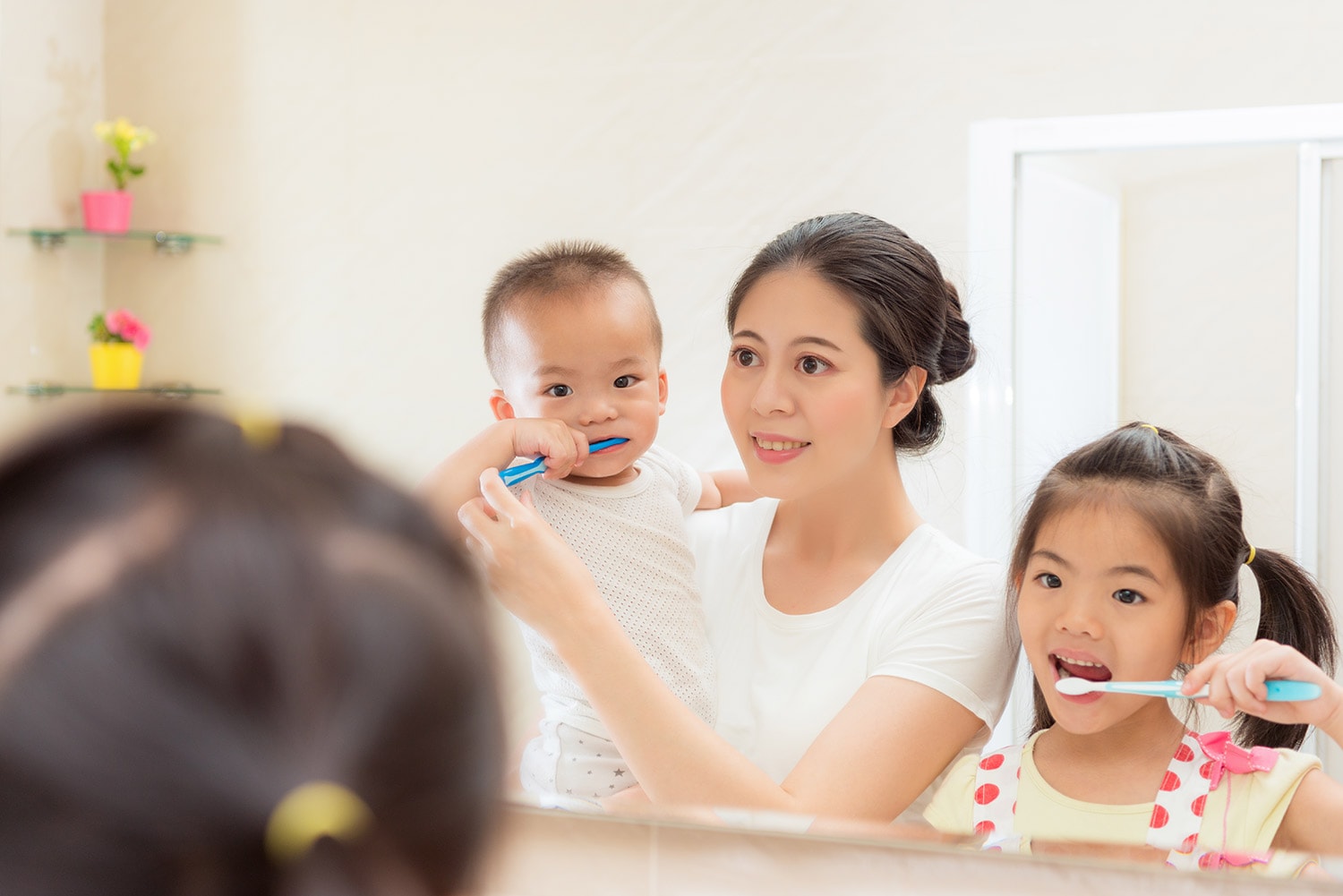 happiness family daily life photo of young mother with kid looking at mirror